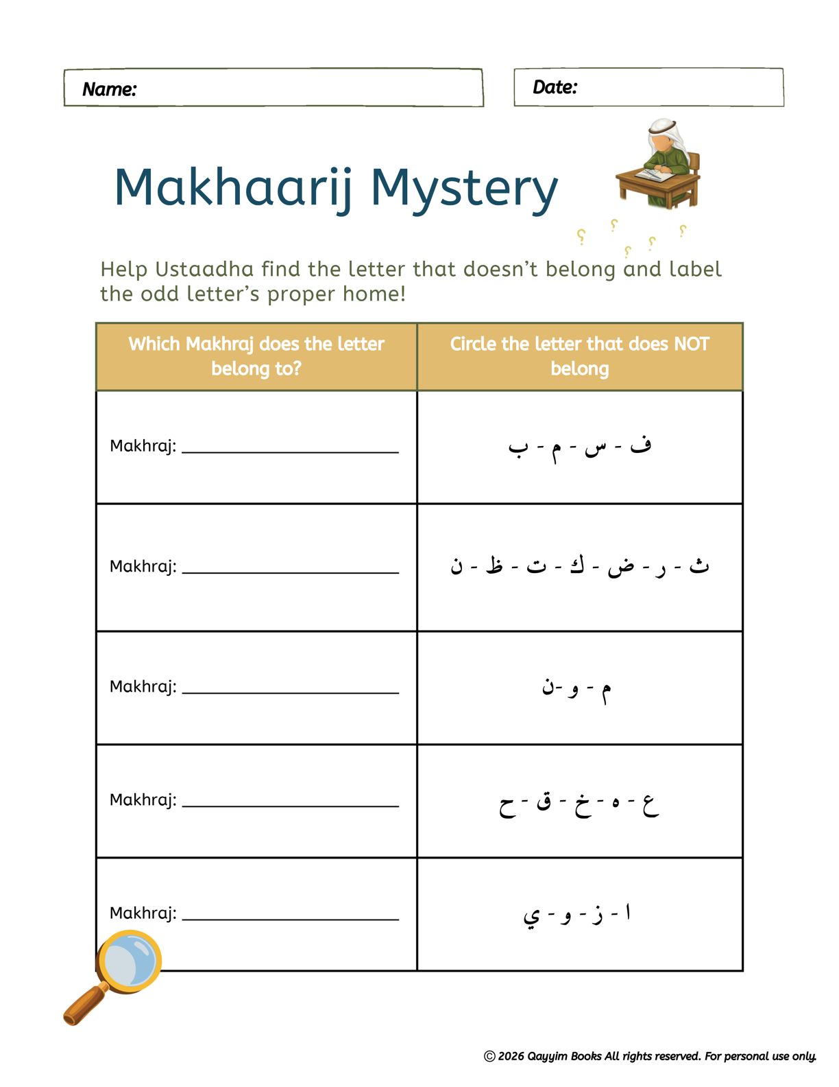 Makhaarij Mystery Worksheet Preview